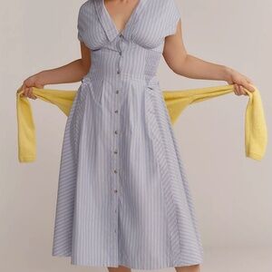 Anthropologie NWOT 2XL Light Blue Striped Midi Dress Short Sleeve V Neck Pleated